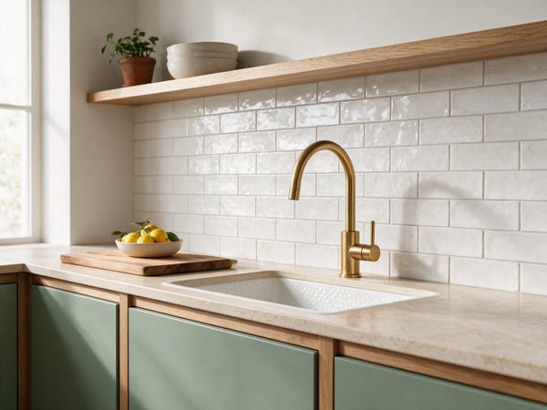 Crédence de cuisine en faïence Riad Blanc 6,5 × 20 cm posée en décalé, meubles vert sauge et étagère en chêne