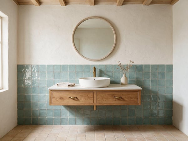 Salle de bains avec soubassement en faïence Riad Aqua 10 × 10 cm, meuble vasque en chêne et miroir rond