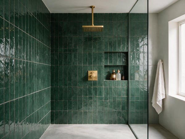 Douche à l’italienne carrelée en faïence Riad Vert 6,5 × 20 cm posée à la verticale, robinetterie laiton